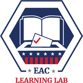 Image of an open book behind a ballot box and a ballot with a red check mark entering the box. "EAC Learning Lab"