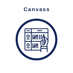 A white square with blue text reading Canvass and blue checklist with hand holding a pen icon.