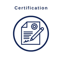 A white square with blue text reading Certification and blue certificate paper icon.