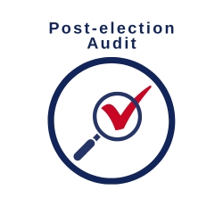 A white square with blue text reading Post-election Audit and blue and red magnifying glass with check icon.