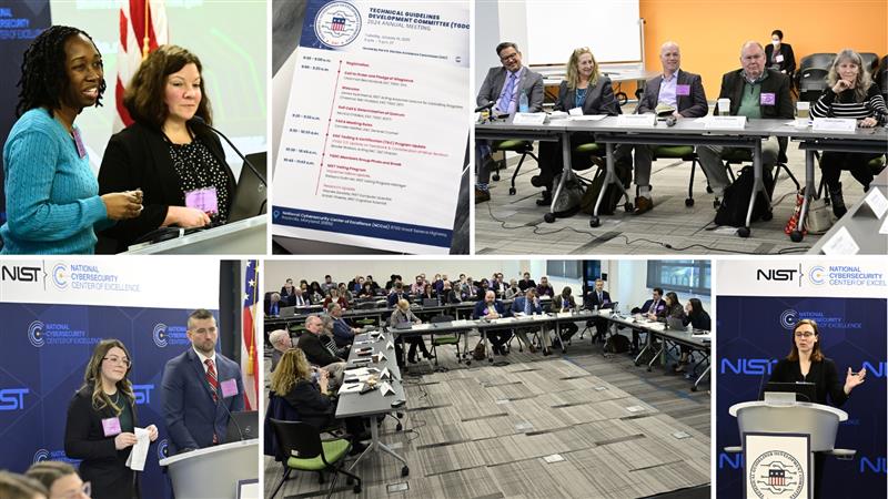 A collage of photos divided by thing white border lines show panelists and speakers at TGDC. They include NIST staff and EAC presenters all dress in business attire. They stand in front of a dark blue NIST background or near podiums and tables.