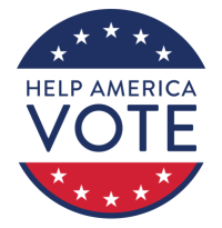 Circular graphic, top of circle (navy blue) 5 white stars, bottom (red) 5 white stars, center white background with text "Help America Vote"