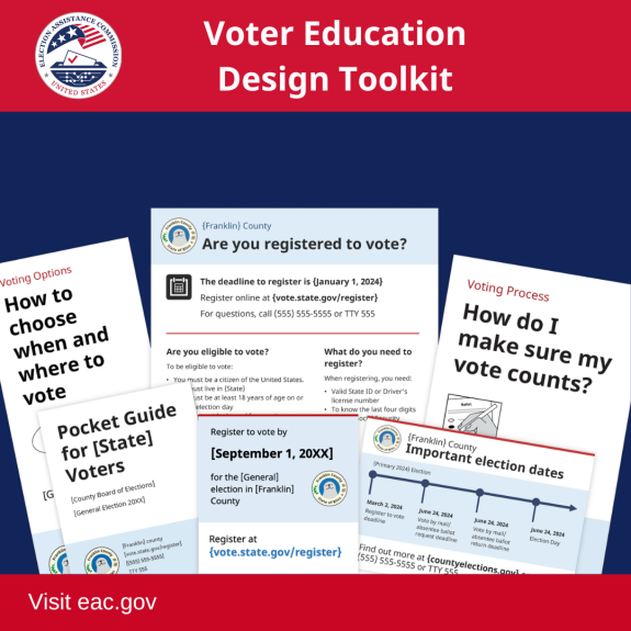 EAC seal. "Voter Education Design Toolkit. Visit eac.gov" Photos of various pamphlets with titles "Are you registered to vote? How to choose when and where to vote. Pocket guide for [state] voters. How do I make sure my vote counts? Important elections dates."