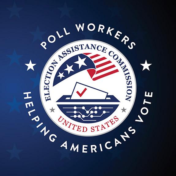 Gradient dark blue background, with the EAC logo in the center. Text around EAC logo includes "Poll Workers" (star image) "Helping Americans Vote" (star image)